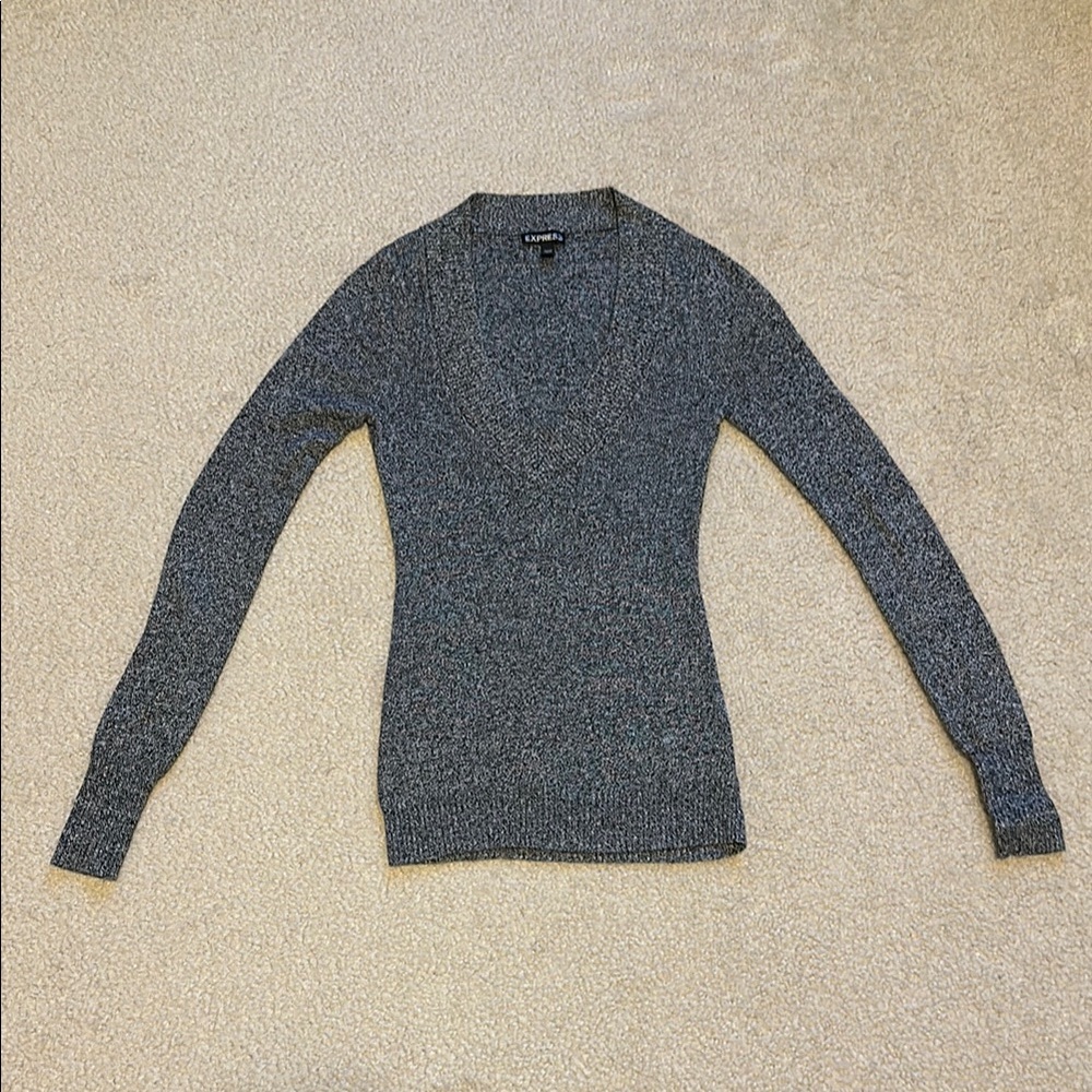 Express Gray V-Neck Sweater with Ribbed Cuffs